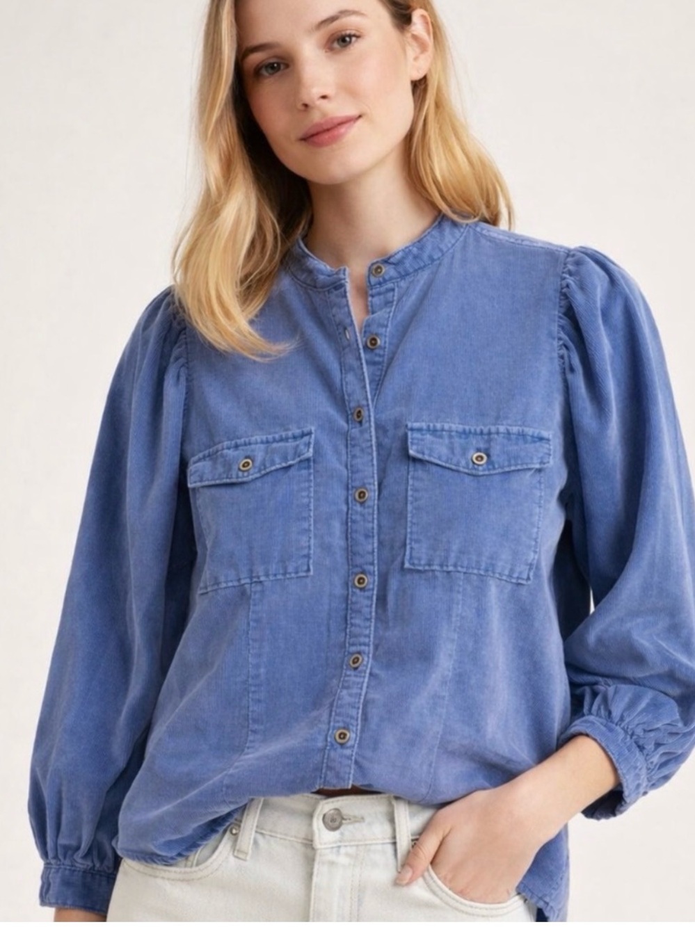 Anthropologie Pilcro Shirt Top Women's Medium Corduroy Puff Sleeve Button Front